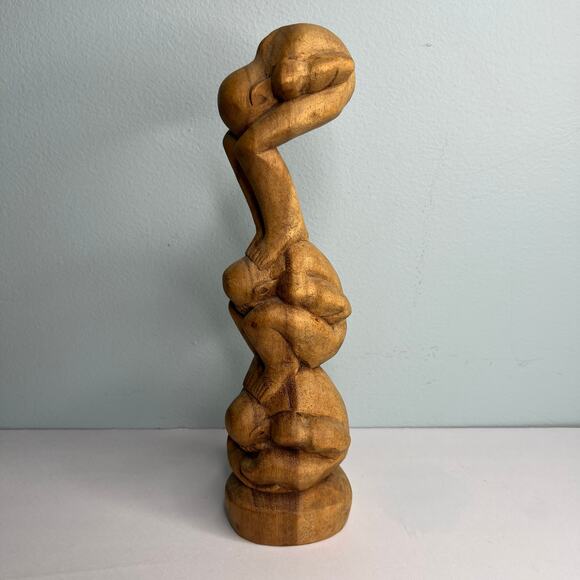 Vintage Hand Carved Wood Weeping Buddha Totem Sculpture Triple Yogi 12 Inches - Picture 1 of 10